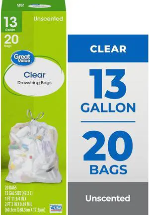 (3 pack) Great Value Clear Drawstring Tall Kitchen Bags, 13 gal, Unscented, 20 Bags (3 pack) Great Value Clear Drawstring Tall Kitchen Bags, 13 gal, Unscented, 20 Bags