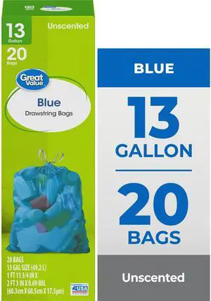 (3 pack) Great Value Blue Unscented 13 gal Drawstring Tall Kitchen Recycling Bags, 20 Count (3 pack) Great Value Blue Unscented 13 gal Drawstring Tall Kitchen Recycling Bags, 20 Count