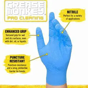 Grease Monkey Pro Cleaning, Disposable Nitrile Gloves, Blue, 50 Count, Traction Grip, Male X-Large Grease Monkey Pro Cleaning, Disposable Nitrile Gloves, Blue, 50 Count, Traction Grip, Male X-Large