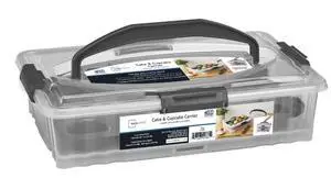Mainstays Dessert Carrier, Rectangular Design, Clear Plastic with Dark Gray Handle and Clasps, Includes Slice-and-Serve Utensil (1 Each) 18" x 12" x 4.3" Mainstays Dessert Carrier, Rectangular Design, Clear Plastic with Dark Gray Handle and Clasps, Includes Slice-and-Serve Utensil (1 Each) 18" x 12" x 4.3"