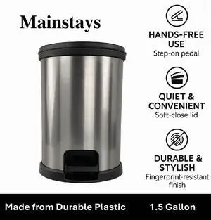 Mainstays Bathroom Trash Can, 1.5 Gallon Small Plastic Step Garbage Bucket Bin with Lid, Silver Mainstays Bathroom Trash Can, 1.5 Gallon Small Plastic Step Garbage Bucket Bin with Lid, Silver