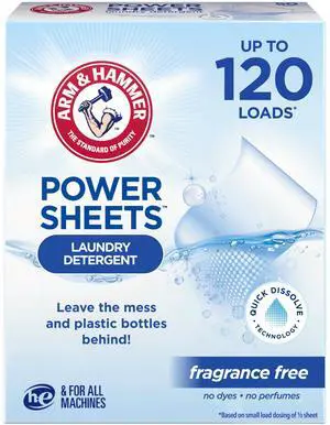 ARM & HAMMER Power Sheets Laundry Detergent, Fragrance Free, 60 Count, Up to 120 Small Loads ARM & HAMMER Power Sheets Laundry Detergent, Fragrance Free, 60 Count, Up to 120 Small Loads