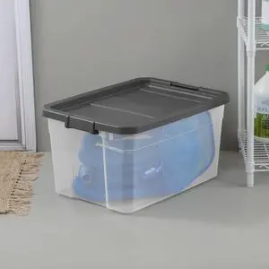 Sterilite 76 Quart Stacker Storage Bin, Clear Plastic Storage Container with Latch Lid, Durable, Dark Gray Sterilite 76 Quart Stacker Storage Bin, Clear Plastic Storage Container with Latch Lid, Durable, Dark Gray