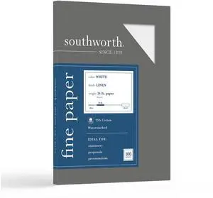 Southworth Business Paper in Linen Finish, White, 8.5" x 11", 24 lb/89 Gsm, 100 Sheets Southworth Business Paper in Linen Finish, White, 8.5" x 11", 24 lb/89 Gsm, 100 Sheets
