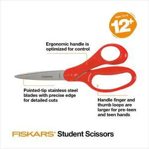 Fiskars Student Scissors, 7", Pointed, School Supplies for Kids 12 & Older, Red Fiskars Student Scissors, 7", Pointed, School Supplies for Kids 12 & Older, Red