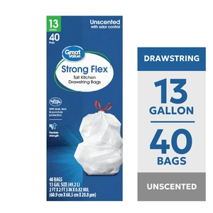 Great Value 13Gallon Strong Flex Tall Kitchen Drawstring Bags, 40Bags Great Value 13Gallon Strong Flex Tall Kitchen Drawstring Bags, 40Bags