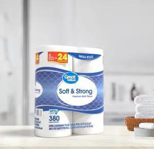 Great Value Soft & Strong Premium Toilet Paper, 6 Mega Rolls, 380 Sheets per Roll Great Value Soft & Strong Premium Toilet Paper, 6 Mega Rolls, 380 Sheets per Roll
