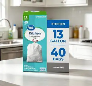 Great Value Tall Kitchen Trash Bags, 13 gal, Drawstring, Unscented, 40 Bags Great Value Tall Kitchen Trash Bags, 13 gal, Drawstring, Unscented, 40 Bags