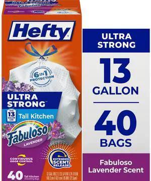 Hefty Ultra Strong 13 Gallon Trash Bags, Tall Kitchen Trash Bags, White, Fabuloso Lavender Scent, 40 Bags Hefty Ultra Strong 13 Gallon Trash Bags, Tall Kitchen Trash Bags, White, Fabuloso Lavender Scent, 40 Bags