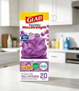 Glad ForceFlex MaxStrength 13-Gallon Purple Drawstring Tall Kitchen Bags, Gain Moonlight Breeze Scent, 20 Bags Glad ForceFlex MaxStrength 13-Gallon Purple Drawstring Tall Kitchen Bags, Gain Moonlight Breeze Scent, 20 Bags