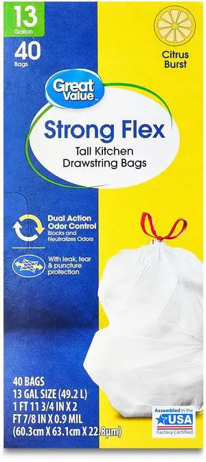 Great Value Strong Flex 13-Gallon Drawstring Tall Kitchen Trash Bags, Citrus Burst, 40 Count Great Value Strong Flex 13-Gallon Drawstring Tall Kitchen Trash Bags, Citrus Burst, 40 Count