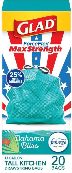 Glad ForceFlex MaxStrength 13-Gallon Teal Drawstring Tall Kitchen Trash Bags, Febreze Freshness Bahama Bliss Scent, 20 Bags Glad ForceFlex MaxStrength 13-Gallon Teal Drawstring Tall Kitchen Trash Bags, Febreze Freshness Bahama Bliss Scent, 20 Bags