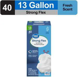 Great Value Strong Flex 13-Gallon Drawstring Tall Kitchen Trash Bags, Fresh Scent, 40 Bags Great Value Strong Flex 13-Gallon Drawstring Tall Kitchen Trash Bags, Fresh Scent, 40 Bags