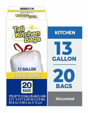 Basic Kitchen Trash Bags, 13 Gallon, Drawstring, 20 Bags Basic Kitchen Trash Bags, 13 Gallon, Drawstring, 20 Bags