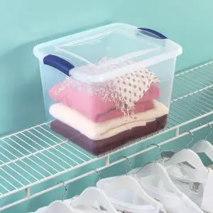 Sterilite 27 Quart Medium Latching Storage Bin, Clear Plastic Stoarge Conatiner with Latch Lid, Blue Sterilite 27 Quart Medium Latching Storage Bin, Clear Plastic Stoarge Conatiner with Latch Lid, Blue