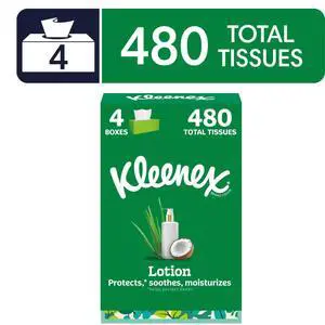 Kleenex Lotion with Coconut Oil 3-Ply Flat Box Facial Tissues, 4 Pack (480 Total Tissues) Kleenex Lotion with Coconut Oil 3-Ply Flat Box Facial Tissues, 4 Pack (480 Total Tissues)