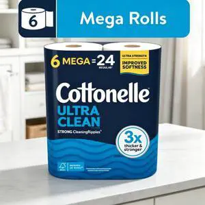 Cottonelle Ultra Clean Toilet Paper, Strong Toilet Tissue, 6 Mega Rolls Cottonelle Ultra Clean Toilet Paper, Strong Toilet Tissue, 6 Mega Rolls