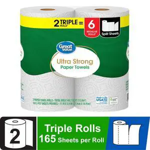 Great Value Ultra Strong Paper Towels, 2 Triple Rolls, 330 Sheets Great Value Ultra Strong Paper Towels, 2 Triple Rolls, 330 Sheets