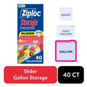 Ziploc Brand Gallon Slider Food Storage Bags, School Supplies, with Power Shield Technology, 40 Count Ziploc Brand Gallon Slider Food Storage Bags, School Supplies, with Power Shield Technology, 40 Count