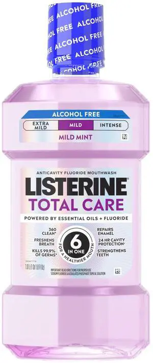 Listerine Total Care Alcohol-Free Mild Mouthwash/Mouth Rinse, Mild Mint, 33.8 fl. oz/1L Listerine Total Care Alcohol-Free Mild Mouthwash/Mouth Rinse, Mild Mint, 33.8 fl. oz/1L
