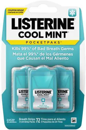 Listerine Cool Mint PocketPaks Fresh Breath Strips, 3 Pack of 24 Count Listerine Cool Mint PocketPaks Fresh Breath Strips, 3 Pack of 24 Count