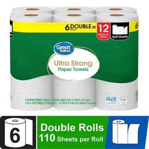 Great Value Ultra Strong Paper Towels, 6 Double Rolls Great Value Ultra Strong Paper Towels, 6 Double Rolls