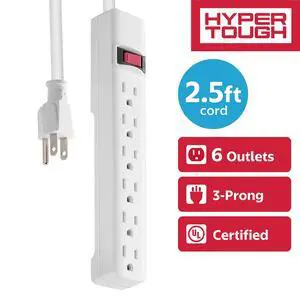 Hyper Tough 6-Outlet Indoor Power Strip with 2.5 ft Extension Cord, ETL Certified, White Hyper Tough 6-Outlet Indoor Power Strip with 2.5 ft Extension Cord, ETL Certified, White