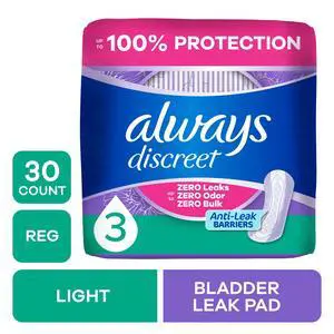 Always Discreet Incontinence Pads for Women, Light Absorbency, Regular Length, Postpartum Pads, 30 Count Always Discreet Incontinence Pads for Women, Light Absorbency, Regular Length, Postpartum Pads, 30 Count