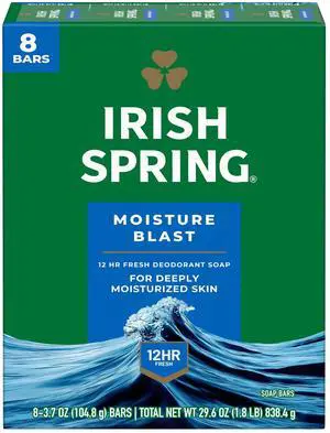 Irish Spring Moisture Blast Deodorant Bar Soap for Men, 3.7 oz Bar (8 Pack) Irish Spring Moisture Blast Deodorant Bar Soap for Men, 3.7 oz Bar (8 Pack)