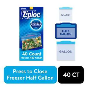 Ziploc® Brand Freezer Half Gallon Food Storage Bags, Grip 'n Seal Technology, Zipper, 40 Count Ziploc® Brand Freezer Half Gallon Food Storage Bags, Grip 'n Seal Technology, Zipper, 40 Count