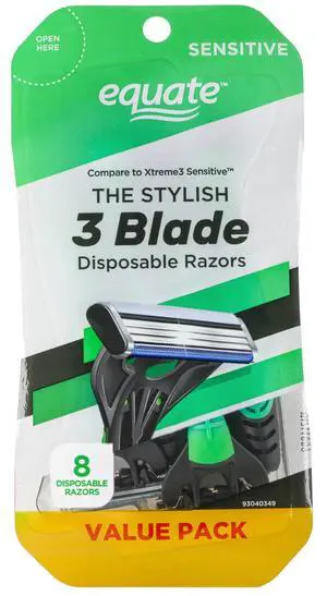 Equate Men's 3-Blade Sensitive Disposable Razors, Green and Black, 8 Count Equate Men's 3-Blade Sensitive Disposable Razors, Green and Black, 8 Count