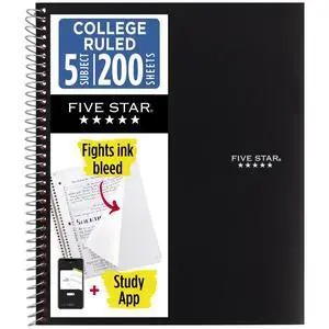 Five Star Spiral Notebook + Study App, 5 Subject, College Ruled, 8.5" x 11", Black Five Star Spiral Notebook + Study App, 5 Subject, College Ruled, 8.5" x 11", Black