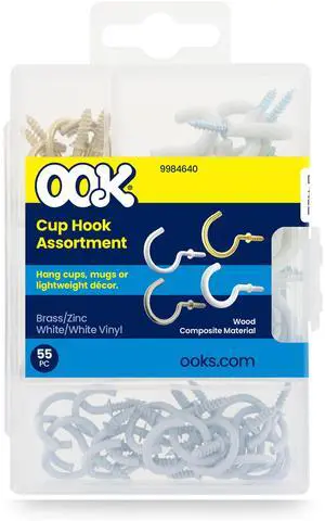 Ook Cup Hangers, Cup Hook Assortment, Various Sizes and Colors, Steel, Brass / Zinc Finish / White / White Vinyl Finish, 55 pack Ook Cup Hangers, Cup Hook Assortment, Various Sizes and Colors, Steel, Brass / Zinc Finish / White / White Vinyl Finish, 55 pack
