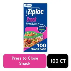 Ziploc® Brand Snack Bags with EasyGuide Texture, Grip 'n Seal Technology, Food Storage, Zipper, 100 Count Ziploc® Brand Snack Bags with EasyGuide Texture, Grip 'n Seal Technology, Food Storage, Zipper, 100 Count