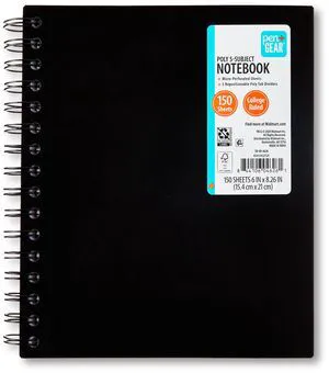 Pen+Gear College Ruled 5-Subject Poly Notebook, 6" x 8.26", Black, 150 Sheets Pen+Gear College Ruled 5-Subject Poly Notebook, 6" x 8.26", Black, 150 Sheets