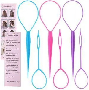 Topsy Tail Hair Tool Set - 6pcs Loop Styling Tool, Ponytail Pull Through, Two Sizes, 3 Colors (Pink/Purple/Blue) for Women, Girls & Kids Topsy Tail Hair Tool Set - 6pcs Loop Styling Tool, Ponytail Pull Through, Two Sizes, 3 Colors (Pink/Purple/Blue) for Women, Girls & Kids