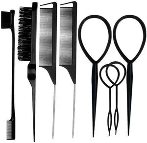 8Pcs Black Hair Brushes Set with 4Pcs Topsy Tail Tools, Teasing Bristle Brush, Edge Control Brush, and 2Pcs Metal Pin Rat Tail Combs for Women's Hair Styling and Brushing 8Pcs Black Hair Brushes Set with 4Pcs Topsy Tail Tools, Teasing Bristle Brush, Edge Control Brush, and 2Pcs Metal Pin Rat Tail Combs for Women's Hair Styling and Brushing