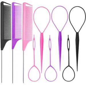 9pcs Hair Tail Tool and rat tail comb set,6pcs French Braiding Tool ring,3Pcs Metal Parting Combs,Woman Girl Hair Styling (Pink,Purple, Black) 9pcs Hair Tail Tool and rat tail comb set,6pcs French Braiding Tool ring,3Pcs Metal Parting Combs,Woman Girl Hair Styling (Pink,Purple, Black)