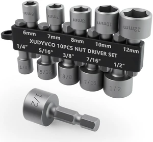XUDYVCO 10PCS Power Nut Driver Set for Impact Drill, 5 Metric & 5 SAE | Drill Socket Set with Tight Fit Storage Holder, Nut Drivers Bit Set with Ridge Design 1/4 Hex Shank for Wide Compability XUDYVCO 10PCS Power Nut Driver Set for Impact Drill, 5 Metric & 5 SAE | Drill Socket Set with Tight Fit Storage Holder, Nut Drivers Bit Set with Ridge Design 1/4 Hex Shank for Wide Compability