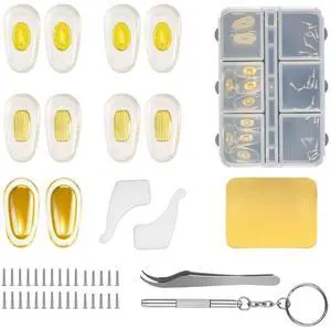 Metal Core Nose Pads Kit - 5 Pairs Nose Pads, 3 Screw Types, 3-in-1 Screwdriver, Replacement and Eyeglass Repair KitGolden Metal Core Nose Pads Kit - 5 Pairs Nose Pads, 3 Screw Types, 3-in-1 Screwdriver, Replacement and Eyeglass Repair KitGolden