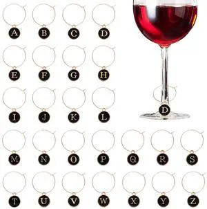 26 Letters Black Wine Glass Charm Rings | Initial Wine Charms Ring Tags for Stem Glasses, Classy Marker Champagne Party Club Decorations 26 Letters Black Wine Glass Charm Rings | Initial Wine Charms Ring Tags for Stem Glasses, Classy Marker Champagne Party Club Decorations