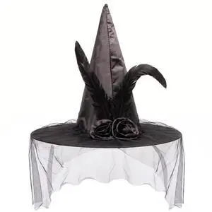 Halloween Black Witch Hat for Women with Elegant Flower Veil Feathers | 1 Pack 16x15 Inch Satin Tulle Cap Mysterious Masquerade Gothic Accessory Fancy Dress Up Props Halloween Black Witch Hat for Women with Elegant Flower Veil Feathers | 1 Pack 16x15 Inch Satin Tulle Cap Mysterious Masquerade Gothic Accessory Fancy Dress Up Props