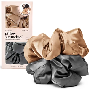 Pillow Satin Scrunchies for Women - Charcoal & Gold, 2pcs Pillow Satin Scrunchies for Women - Charcoal & Gold, 2pcs