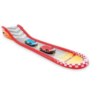 57167EP 18.5 Foot Long Inflatable Racing Fun Water Slide Track with 2 Surf Car Riders and Built-in Sprayer for Ages 6 and Up 57167EP 18.5 Foot Long Inflatable Racing Fun Water Slide Track with 2 Surf Car Riders and Built-in Sprayer for Ages 6 and Up