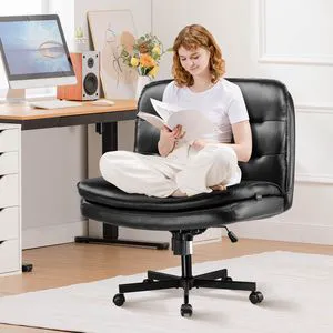 Criss Cross Legged Office Chair with Wheels, Extra Wide Armless Comfy Desk Chair for Home Bedroom, 2 Layer Cushion Large Seat & Back Support X-Legged Chair, Beige PU Leather Adjustable Height Criss Cross Legged Office Chair with Wheels, Extra Wide Armless Comfy Desk Chair for Home Bedroom, 2 Layer Cushion Large Seat & Back Support X-Legged Chair, Beige PU Leather Adjustable Height