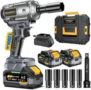 Cordless Impact Wrench 1/2", 900 Ft-Lbs(1200N.m), 2x4.0Ah Batteries21V Brushless High Torque Impact Gun, 3-Speed Control, 5 Sockets for Car Tires, Trucks, Stubborn Lug Nuts, Heavy-Duty Repairs Cordless Impact Wrench 1/2", 900 Ft-Lbs(1200N.m), 2x4.0Ah Batteries21V Brushless High Torque Impact Gun, 3-Speed Control, 5 Sockets for Car Tires, Trucks, Stubborn Lug Nuts, Heavy-Duty Repairs