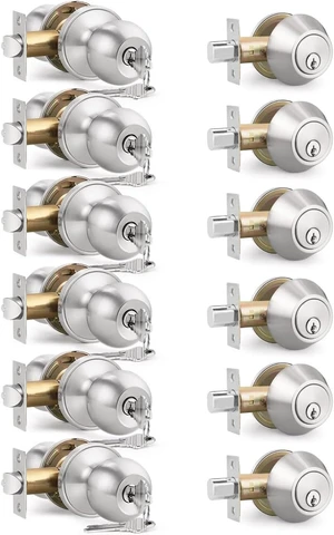 6Pack Satin Nickel Keyed Alike Entry Door Knob with Single Cylinder Deadbolt Combination Set Round Exterior Locking Hardware for Front Entry Doors 6Pack Satin Nickel Keyed Alike Entry Door Knob with Single Cylinder Deadbolt Combination Set Round Exterior Locking Hardware for Front Entry Doors