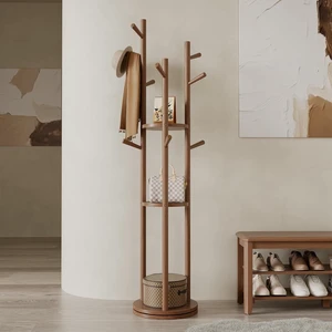 Solid Wood Rotary Freestanding Coat Rack with 3 Storage Shelves and 9 Hooks, Rotating Coat Hanger Stand for Coats Scarves Handbags, for Entryway Bedroom Living Room, Walnut Finish Solid Wood Rotary Freestanding Coat Rack with 3 Storage Shelves and 9 Hooks, Rotating Coat Hanger Stand for Coats Scarves Handbags, for Entryway Bedroom Living Room, Walnut Finish