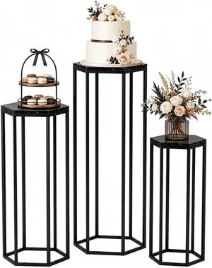 Set of 3 Black Hexagon Metal Cylinder Pedestal Stands with MarblePattern Wooden Tops Stackable Display Holders for Wedding Birthday Party Decorations Set of 3 Black Hexagon Metal Cylinder Pedestal Stands with MarblePattern Wooden Tops Stackable Display Holders for Wedding Birthday Party Decorations