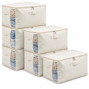 6 Pack Canvas Comforter Storage Bags for Clothes & King Comforters, Natural | 70L Capacity, Dual Zippers, Three Reinforced Handles, Foldable Canvas Design for Comforters 6 Pack Canvas Comforter Storage Bags for Clothes & King Comforters, Natural | 70L Capacity, Dual Zippers, Three Reinforced Handles, Foldable Canvas Design for Comforters